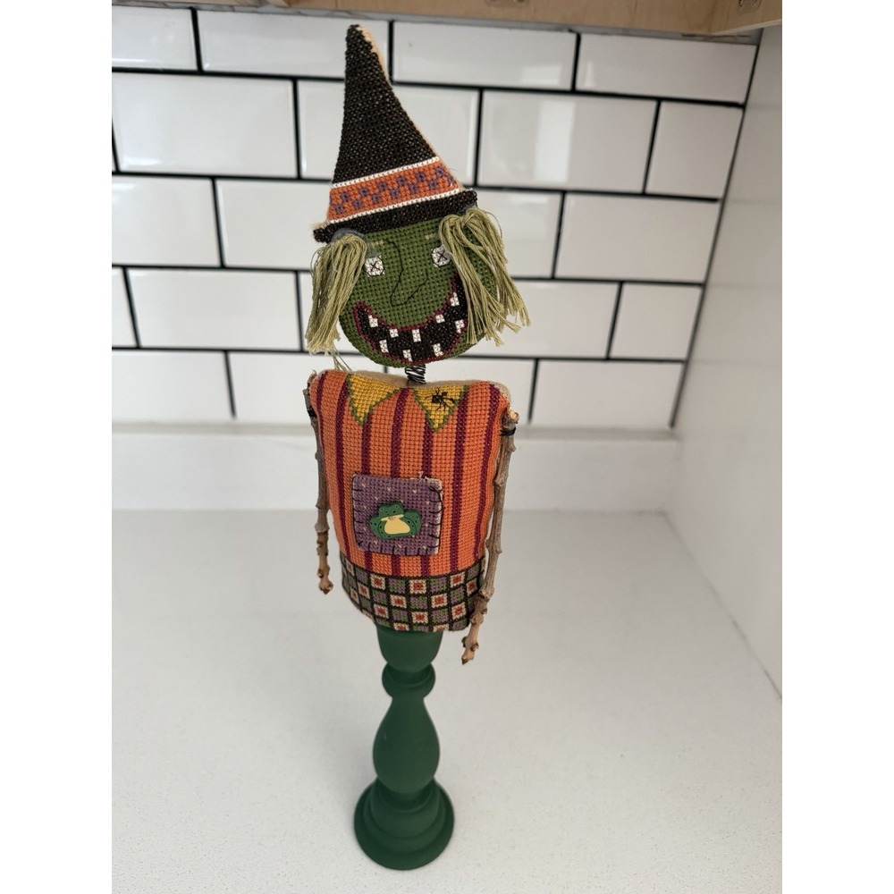 Vintage Matilda The Witch Needle Point On Candlestick OOAK Halloween Decor